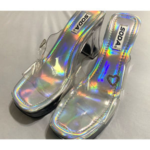 Y2K Soda VTG Clear Iridescent Acrylic Wedge Heels Sandals Size 9 10 Rhinestones